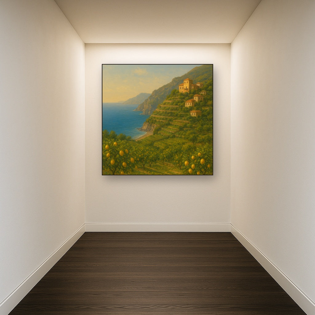 Italian Amalfi Coastline Terraces & Lemon Grove No. 8 Oil Painting Staged in Bright Entryway and Hallway Gallery Wall, Hand Painted Fine Art on Linen