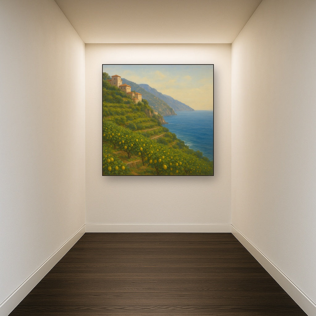 Italian Amalfi Coastline Terraces & Lemon Grove No. 9 Oil Painting Staged in Bright Entryway and Hallway Gallery Wall, Hand Painted Fine Art on Linen
