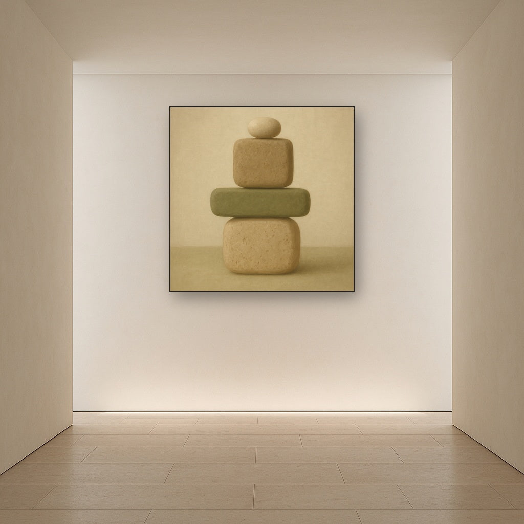 Muted Olive & Sandstone Geometric Balance No. 20 Oil Painting Staged in Bright Entryway and Hallway Gallery Wall, Hand Painted Fine Art on Linen