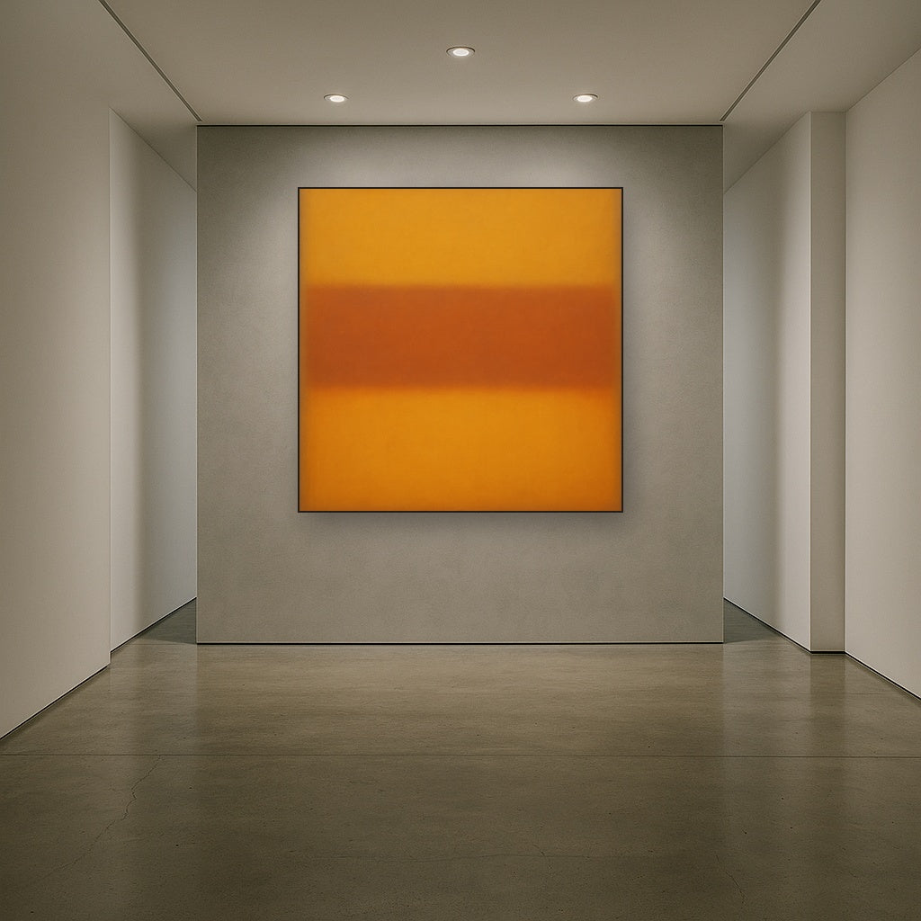 Luminous Ochre & Terracotta Horizon Color Field No. 15 Oil Painting Staged in Bright Entryway and Hallway Gallery Wall, Hand Painted Fine Art on Linen