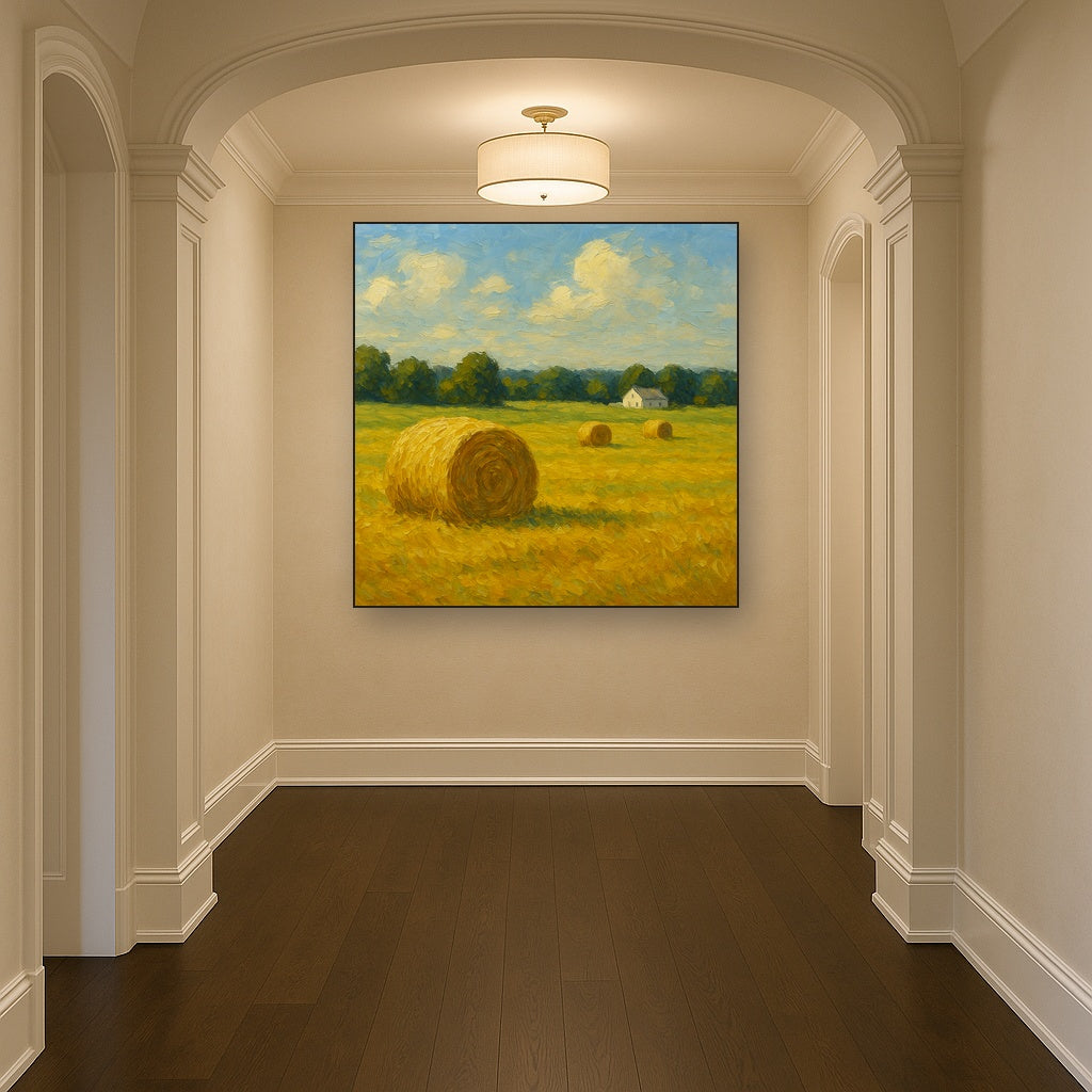 Rolling Meadow Hay Bales Horizon No. 2 Oil Painting - Styled in Entryway Hallway