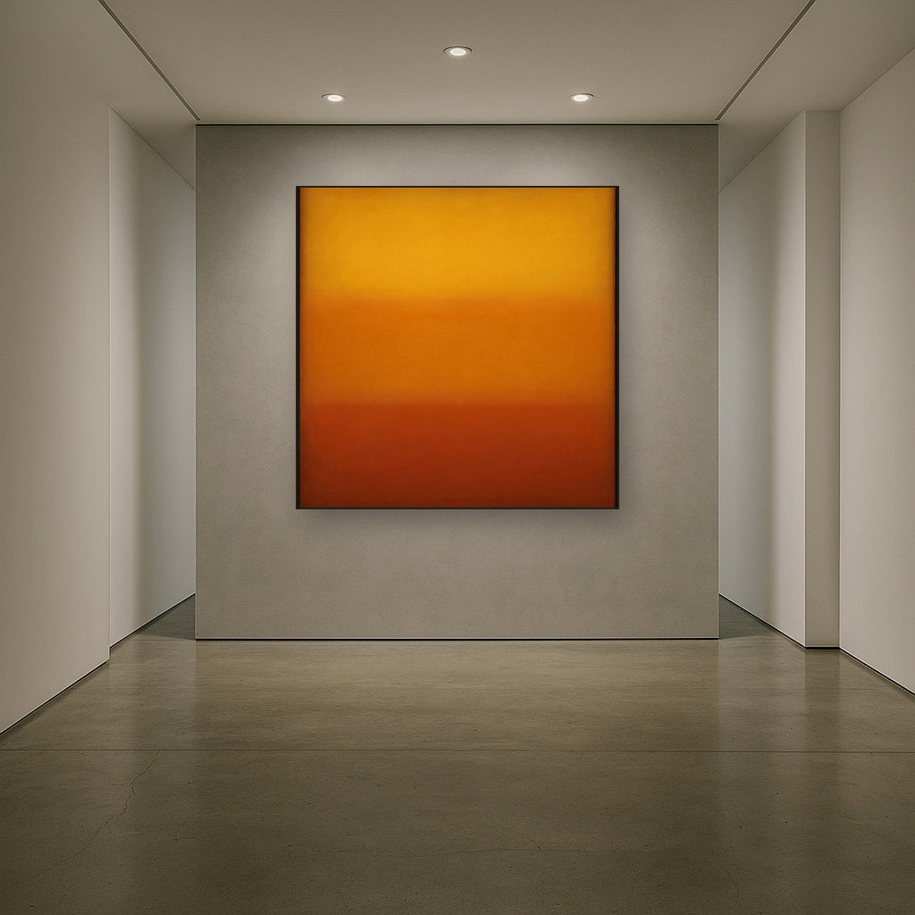 Luminous Ochre & Terracotta Horizon Color Field No. 3 Oil Painting Staged in Bright Entryway and Hallway Gallery Wall, Hand Painted Fine Art on Linen