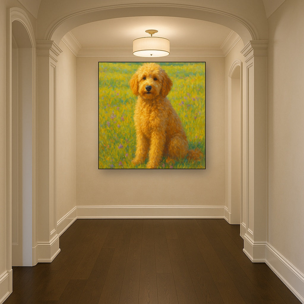 Fluffy Goldendoodle in Sun-Drenched Meadow No. 12 Fine Art Oil Painting - View 5