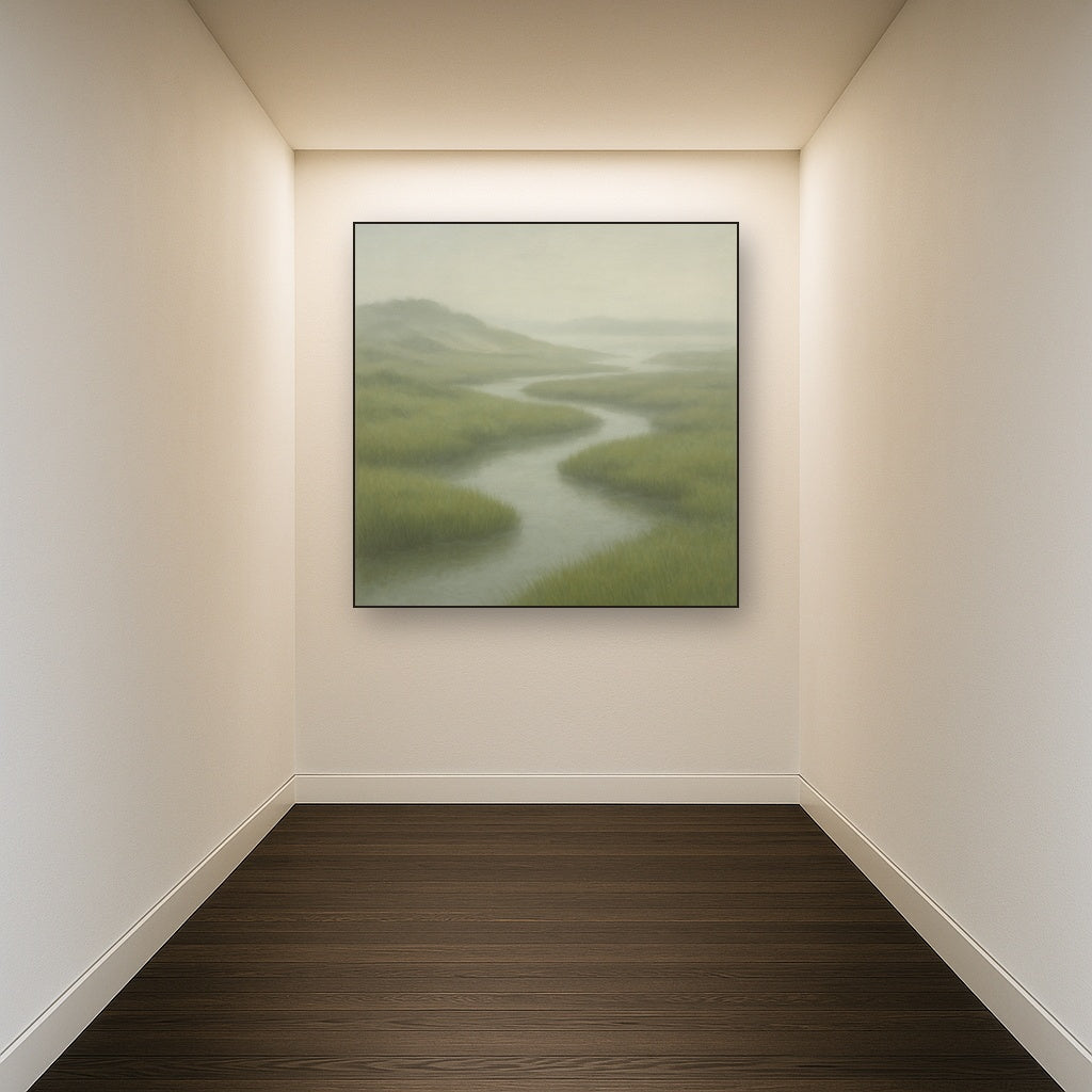 Morning Fog over Cape Cod Tidal Marsh No. 17 Oil Painting Staged in Bright Entryway and Hallway Gallery Wall, Hand Painted Fine Art on Linen