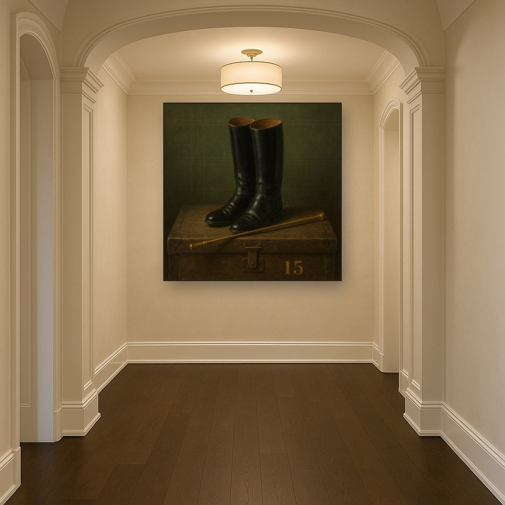 Vintage Riding Boots & Brass Crop on Trunk No. 15 Oil Painting - View 5