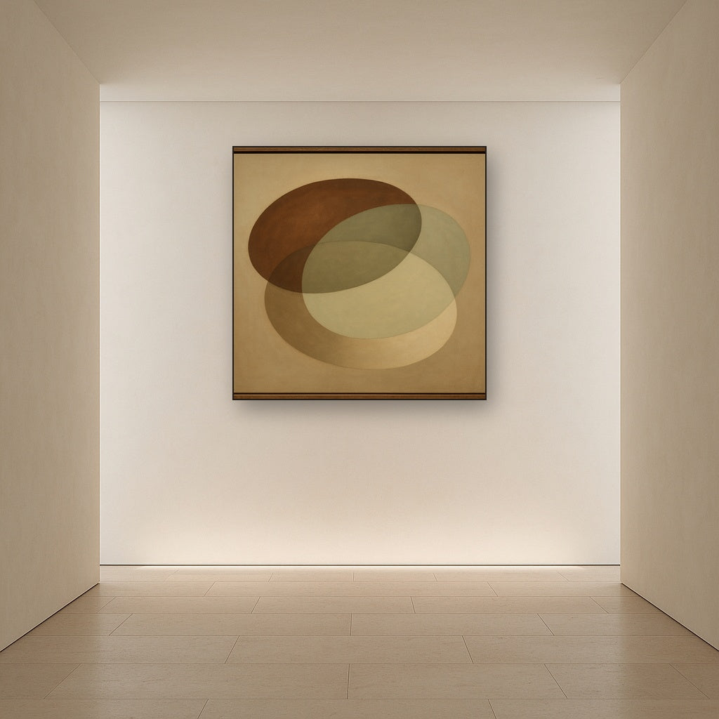 Floating Ellipse Harmony in Walnut & Pale Sage No. 23 Oil Painting Staged in Bright Entryway and Hallway Gallery Wall, Hand Painted Fine Art on Linen