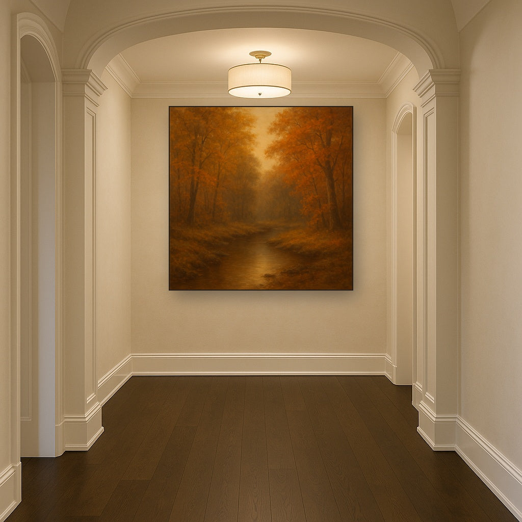 Secluded Woodland Brook in Autumn Glow No. 10 Oil Painting Staged in Bright Entryway and Hallway Gallery Wall, Hand Painted Fine Art on Linen