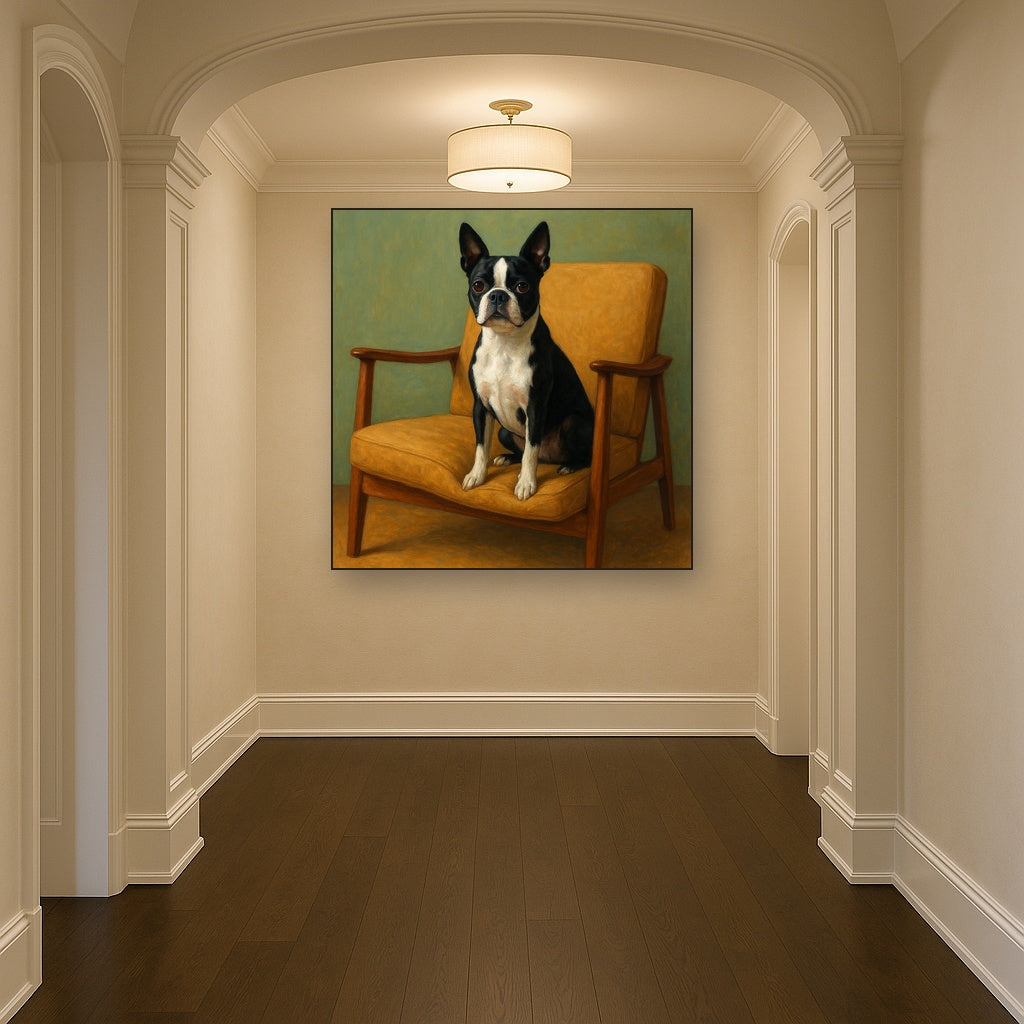Boston Terrier in Warm Mid-Century Armchair No. 6 Fine Art Oil Painting - View 5