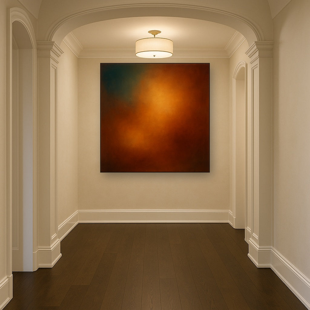 Deep Topaz & Spiced Terracotta Glow No. 17 Oil Painting Staged in Bright Entryway and Hallway Gallery Wall, Hand Painted Fine Art on Linen