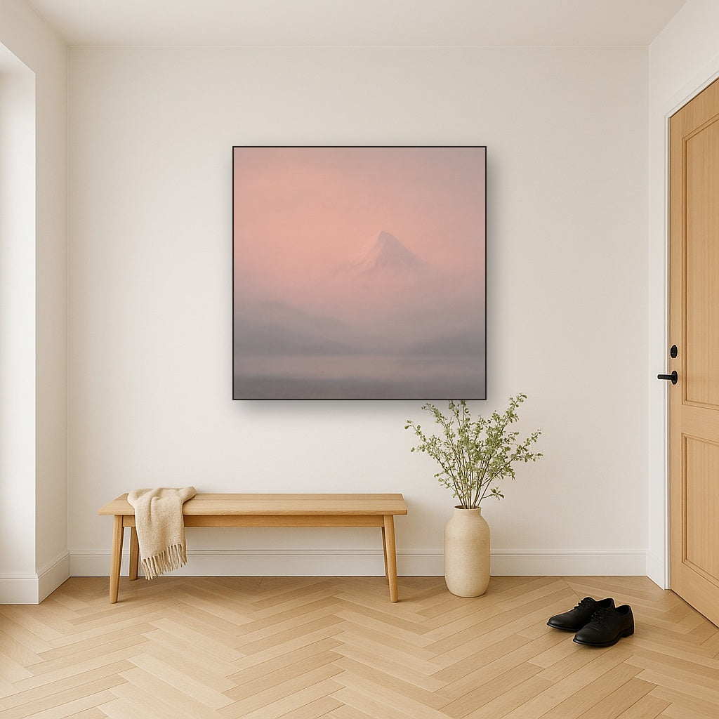 Pale Alpenglow over Distant Glacial Peak No. 23 Oil Painting Staged in Bright Entryway and Hallway Gallery Wall, Hand Painted Fine Art on Linen