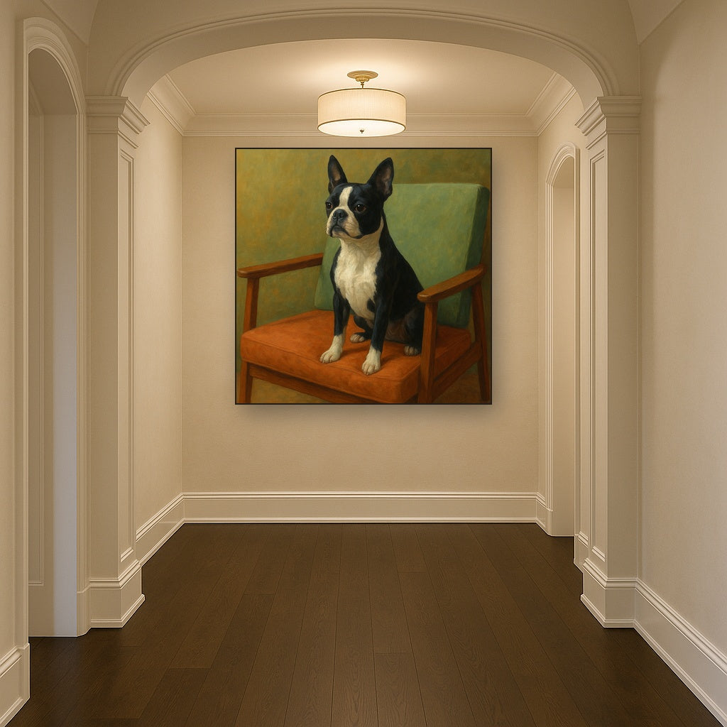 Boston Terrier in Warm Mid-Century Armchair No. 14 Fine Art Oil Painting - View 5