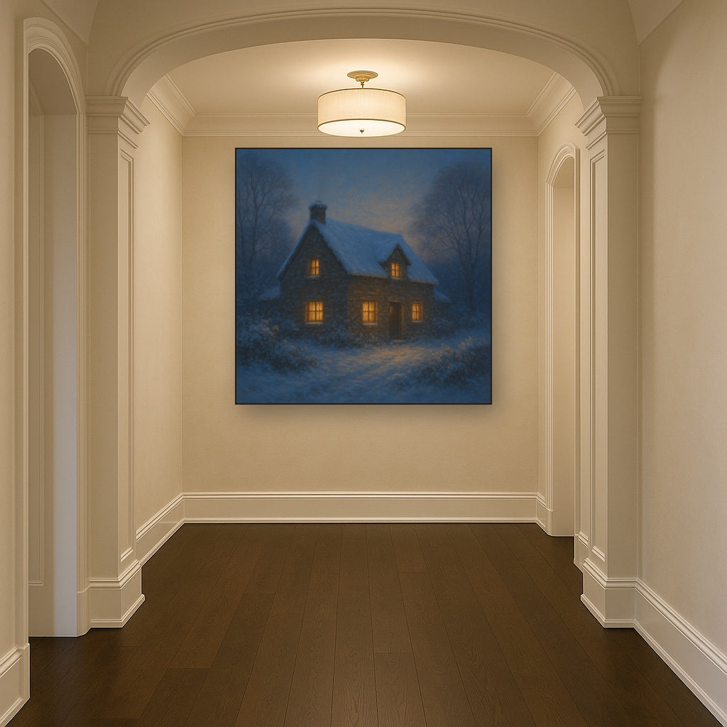 Snow-Dusted Stone Cottage at Twilight No. 10 Oil Painting - View 5
