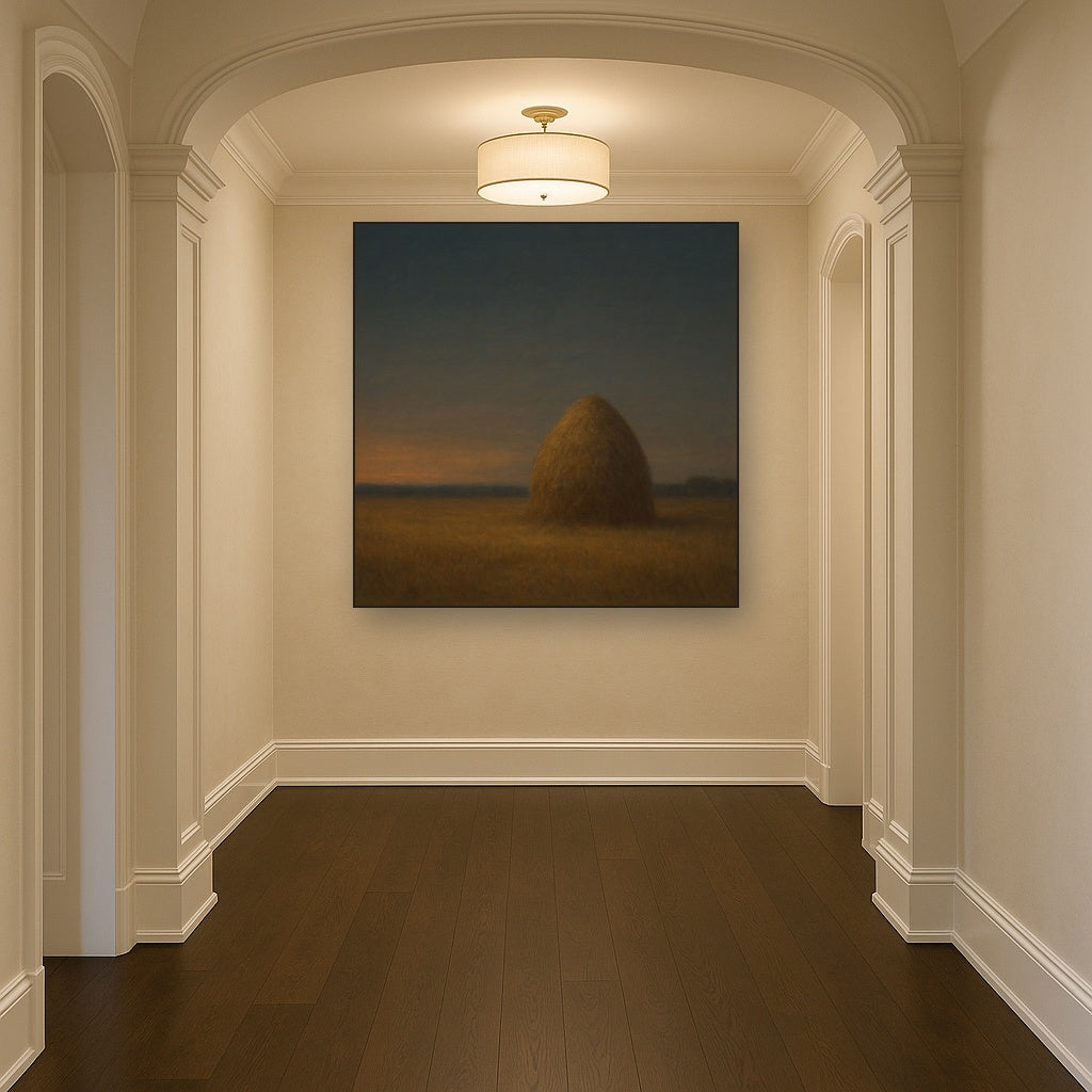 Dusk Horizon over Weathered Haystack No. 9 Oil Painting Staged in Bright Entryway and Hallway Gallery Wall, Hand Painted Fine Art on Linen