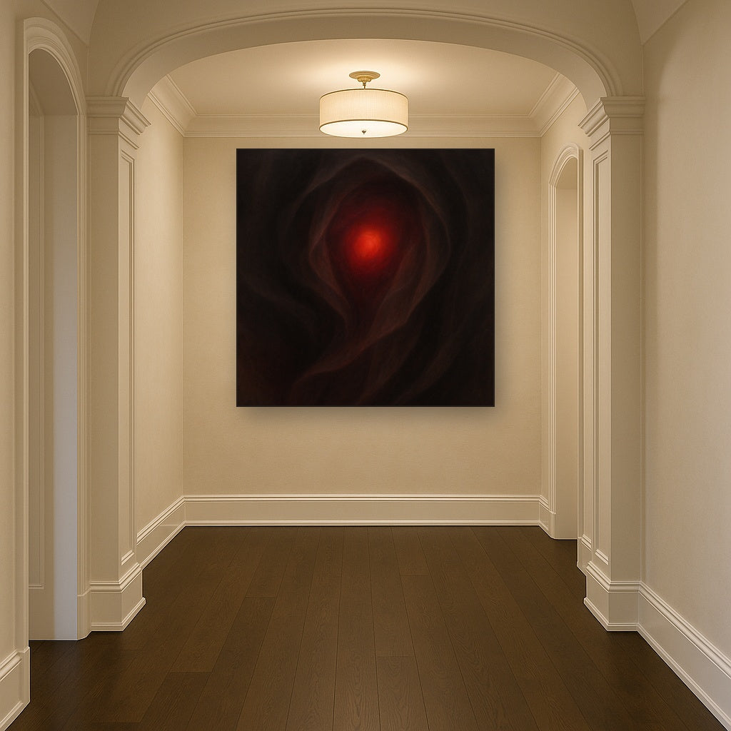 Smoky Ruby & Warm Obsidian Veils No. 4 Oil Painting Staged in Bright Entryway and Hallway Gallery Wall, Hand Painted Fine Art on Linen