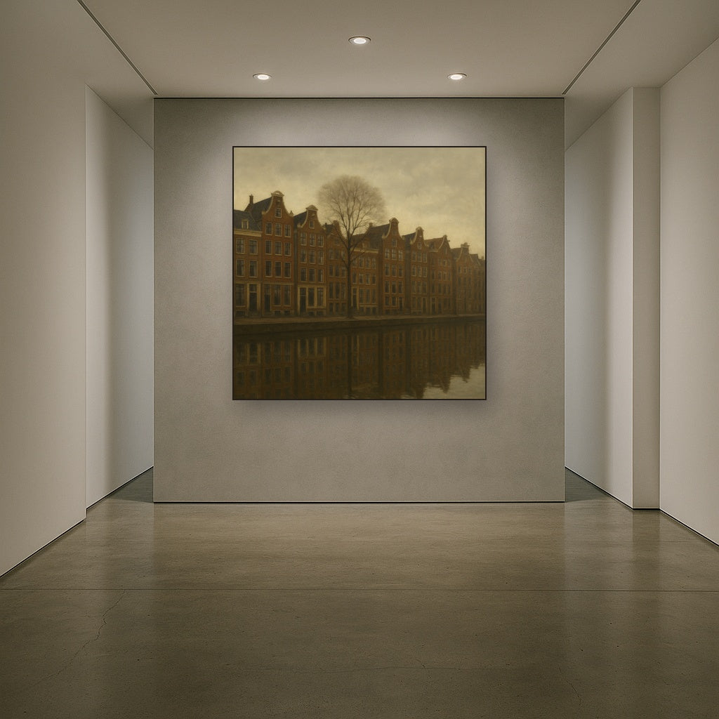 Amsterdam Canal Houses Under Overcast Sky No. 22 Oil Painting Staged in Bright Entryway and Hallway Gallery Wall, Hand Painted Fine Art on Linen