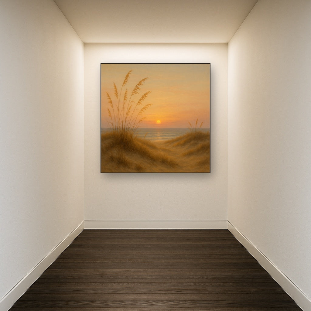 Sea Oats on Rolling Coastal Dunes at Sunset No. 4 Oil Painting Staged in Bright Entryway and Hallway Gallery Wall, Hand Painted Fine Art on Linen