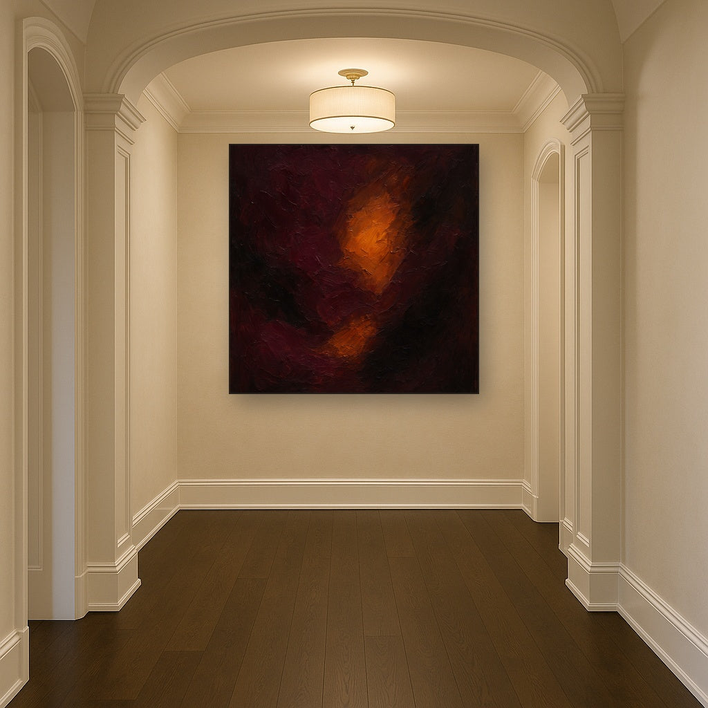 Rich Burgundy Plum & Velvet Amber Oil Painting - Styled in Entryway Hallway