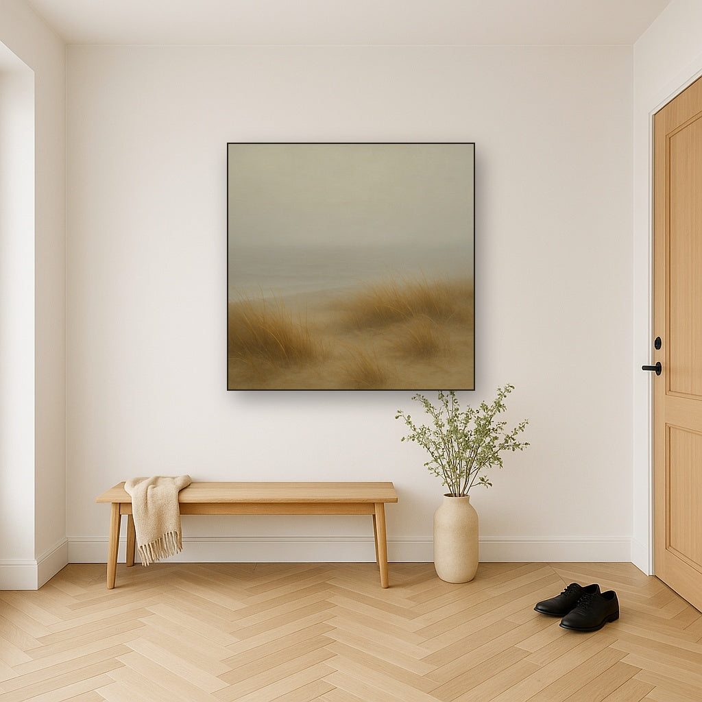 Silent Dune Grass in November Sea Fog No. 14 Oil Painting Staged in Bright Entryway and Hallway Gallery Wall, Hand Painted Fine Art on Linen