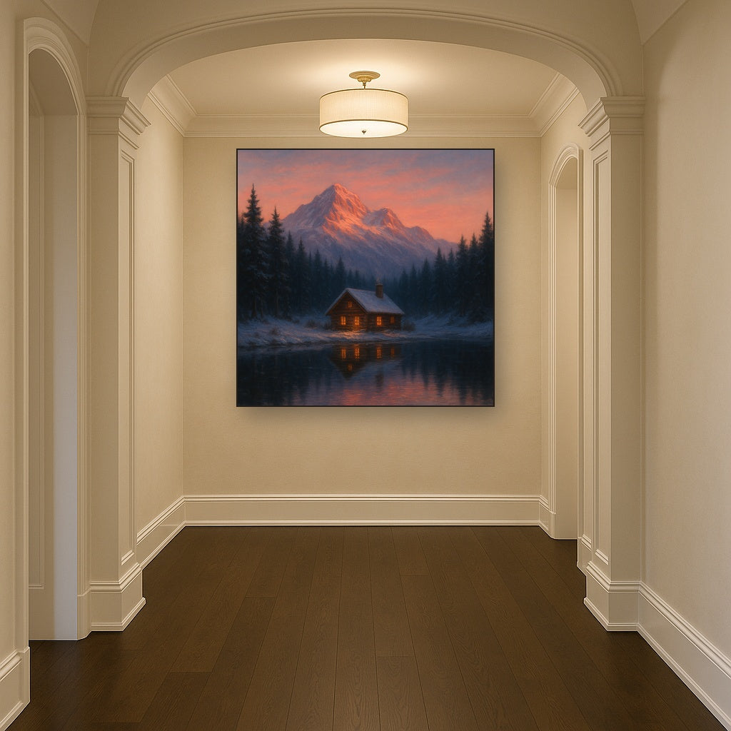 Winter Solstice Mountain Cabin Reflection No. 10 Oil Painting - View 5