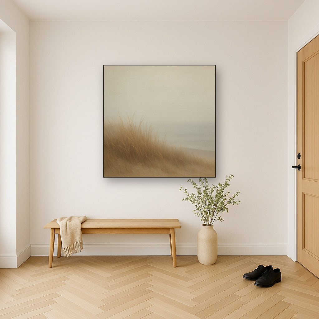 Silent Dune Grass in November Sea Fog No. 24 Oil Painting Staged in Bright Entryway and Hallway Gallery Wall, Hand Painted Fine Art on Linen