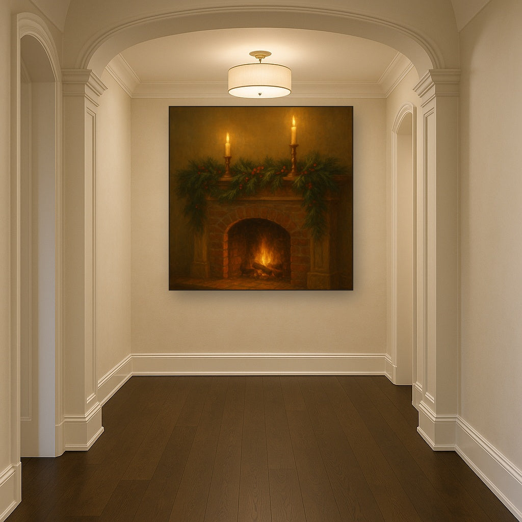 Vintage Fireside Hearth & Cedar Garlands No. 8 Oil Painting - View 5