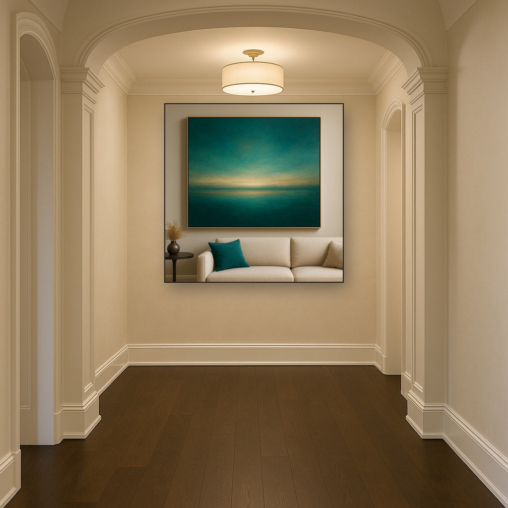 Peacock Teal & Champagne Gold Horizon No. 11 Oil Painting Staged in Bright Entryway and Hallway Gallery Wall, Hand Painted Fine Art on Linen