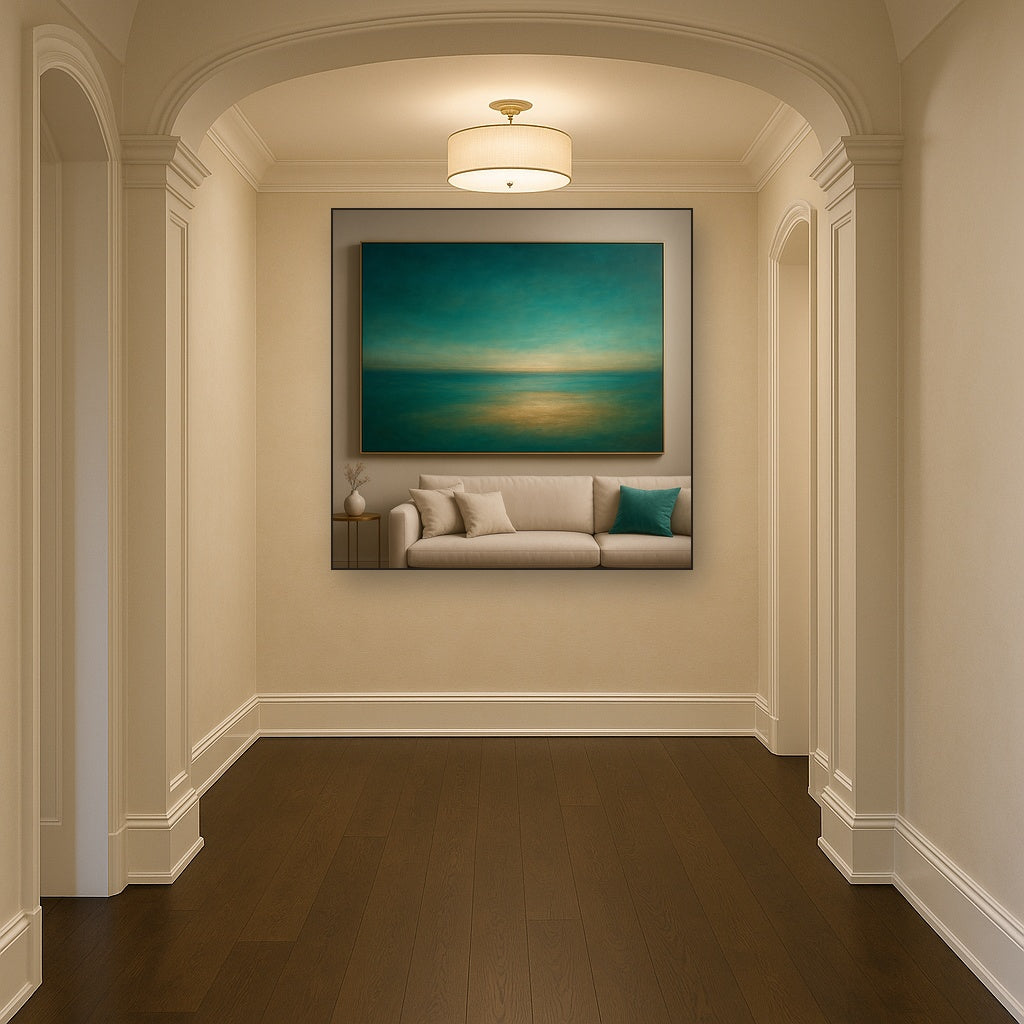 Peacock Teal & Champagne Gold Horizon No. 17 Oil Painting Staged in Bright Entryway and Hallway Gallery Wall, Hand Painted Fine Art on Linen
