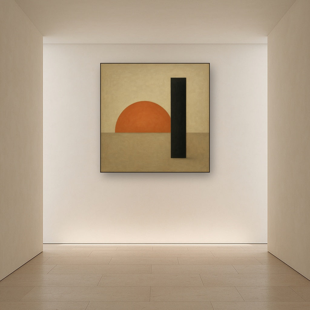 Semicircle Horizon & Minimalist Pillar No. 14 Oil Painting Staged in Bright Entryway and Hallway Gallery Wall, Hand Painted Fine Art on Linen