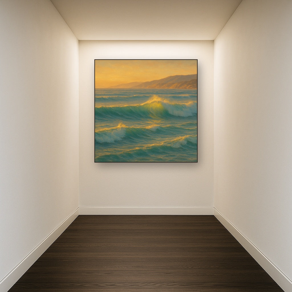 Golden Hour Sunlight on Ocean Swells No. 14 Oil Painting Staged in Bright Entryway and Hallway Gallery Wall, Hand Painted Fine Art on Linen