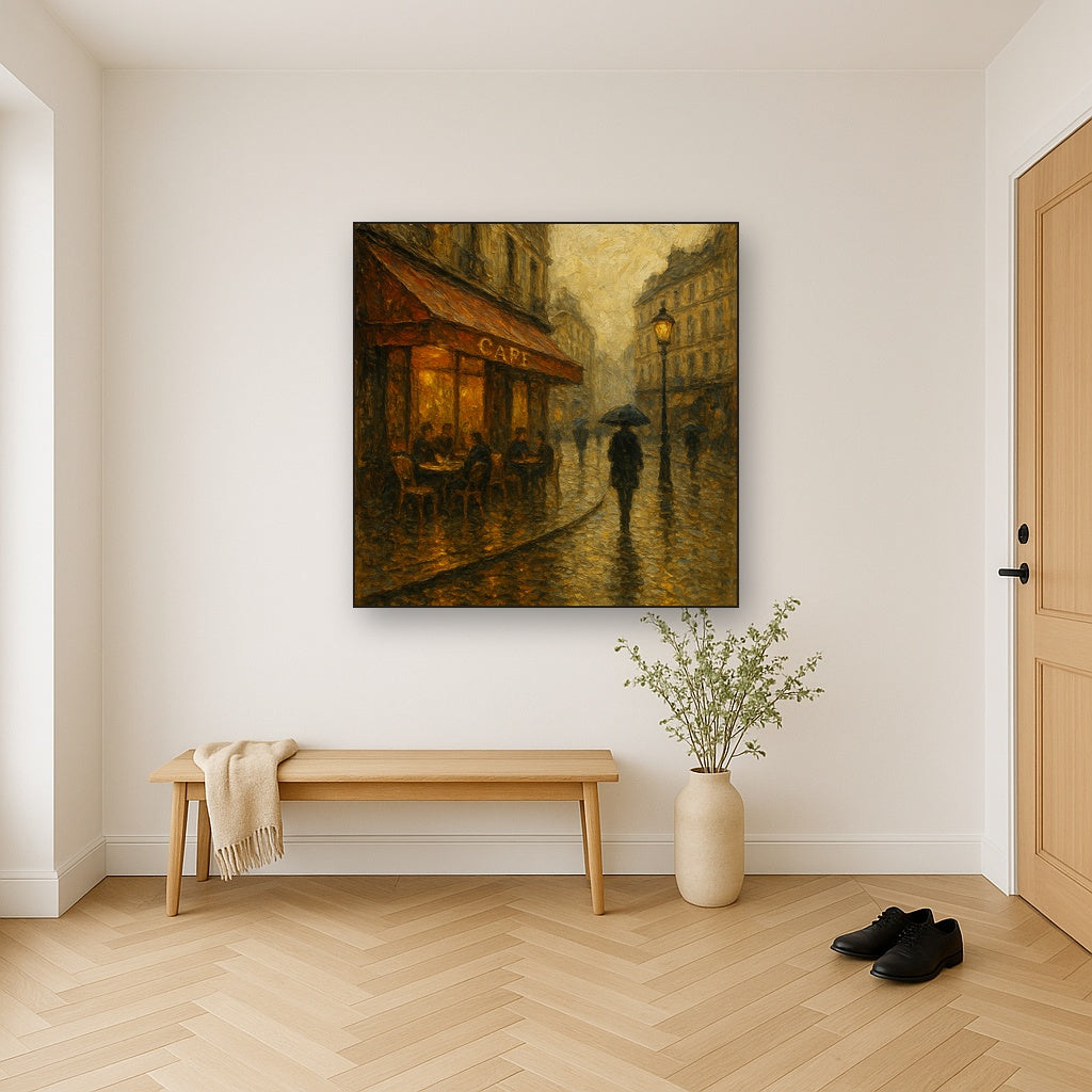 Parisian Cafe Rain Reflections Oil Painting - Styled in Entryway Hallway