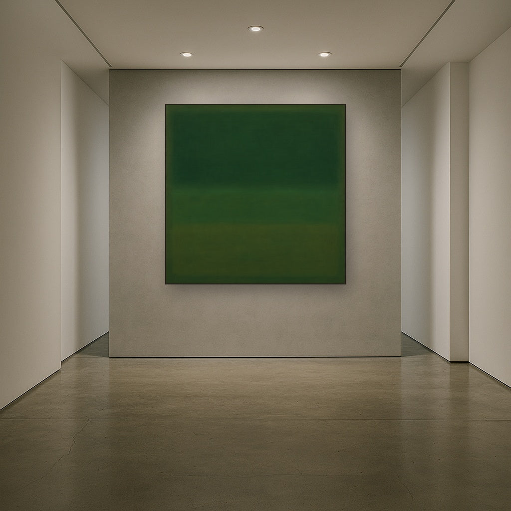 Forest Emerald & Deep Moss Contemplative Field No. 9 Oil Painting Staged in Bright Entryway and Hallway Gallery Wall, Hand Painted Fine Art on Linen