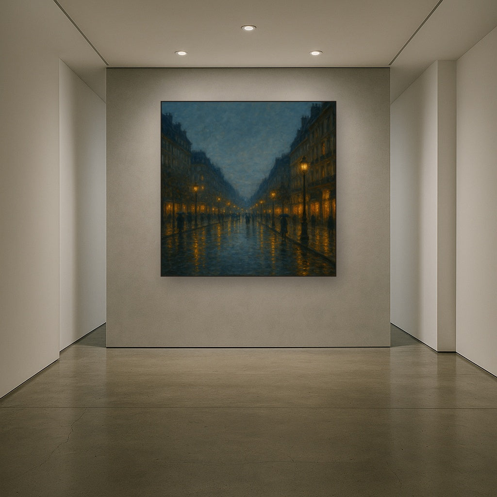 Rainy Parisian Boulevard at Twilight No. 25 Oil Painting Staged in Bright Entryway and Hallway Gallery Wall, Hand Painted Fine Art on Linen