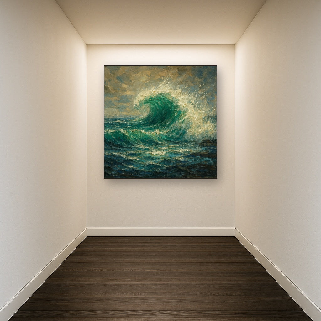 Emerald Surf Surge Coastal Oil Painting - Styled in Entryway Hallway