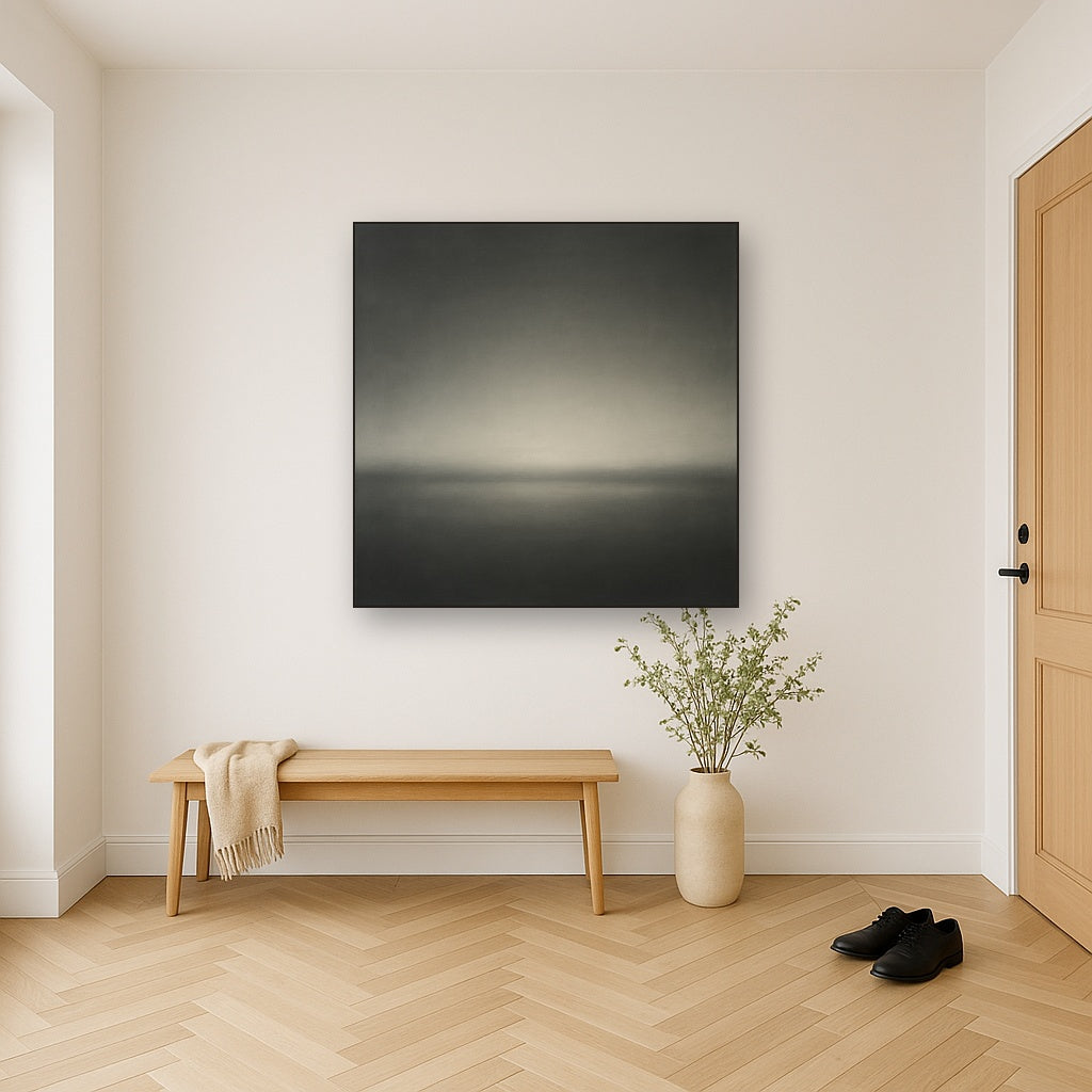 Monochrome Charcoal Drift & Soft Sfumato Horizon No. 4 Oil Painting Staged in Bright Entryway and Hallway Gallery Wall, Hand Painted Fine Art on Linen
