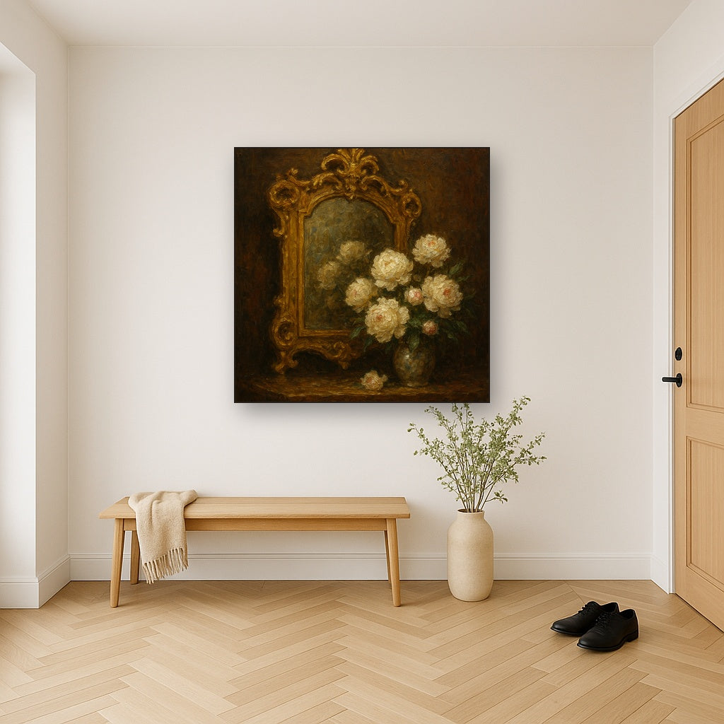 Baroque Gilded Mirror & Peonies Oil Painting - Styled in Entryway Hallway