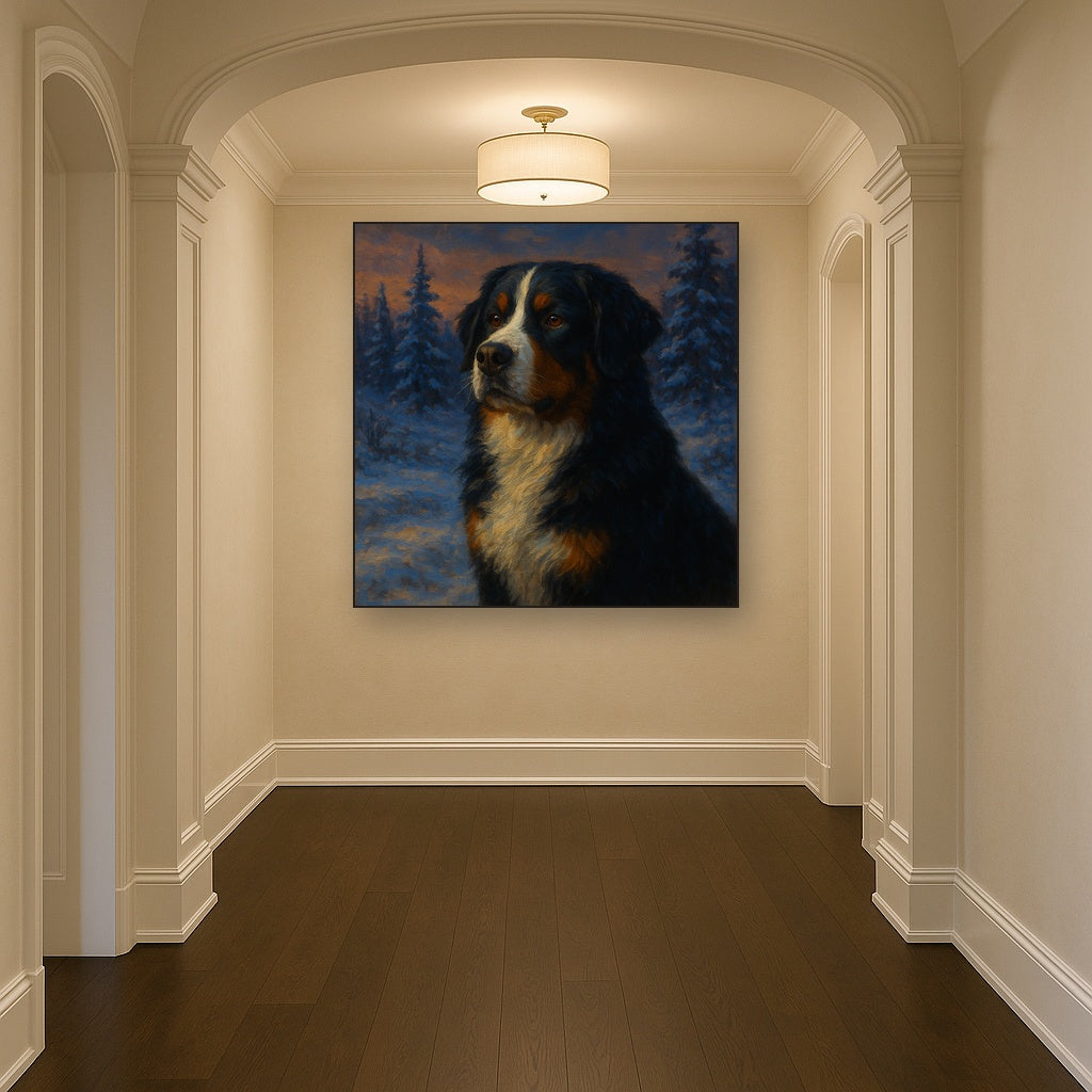 Bernese Mountain Dog in Winter Snowscape No. 10 Fine Art Oil Painting - View 5
