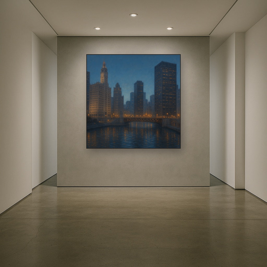 Chicago Riverfront Architecture at Blue Hour No. 12 Oil Painting - View 5