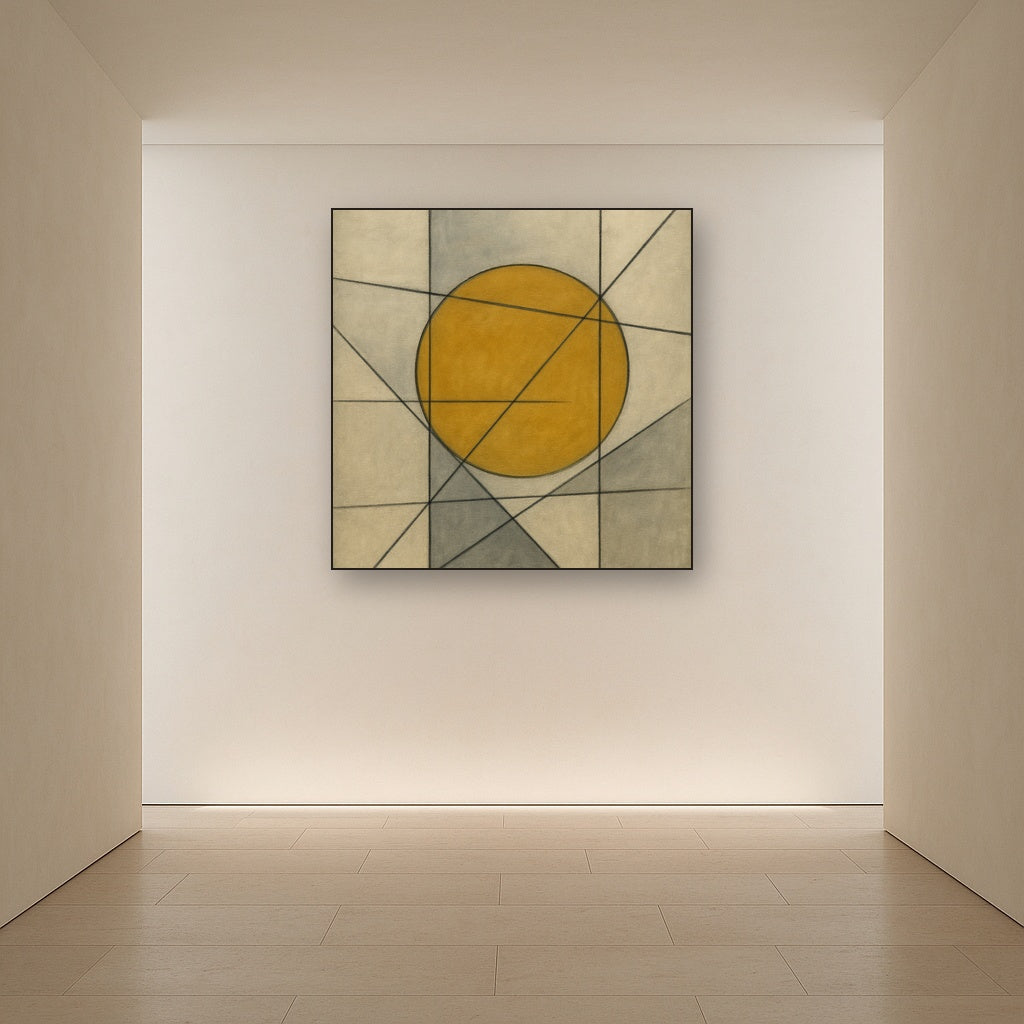 Abstract Tangent Lines & Earthy Ochre Disc No. 25 Oil Painting - View 5