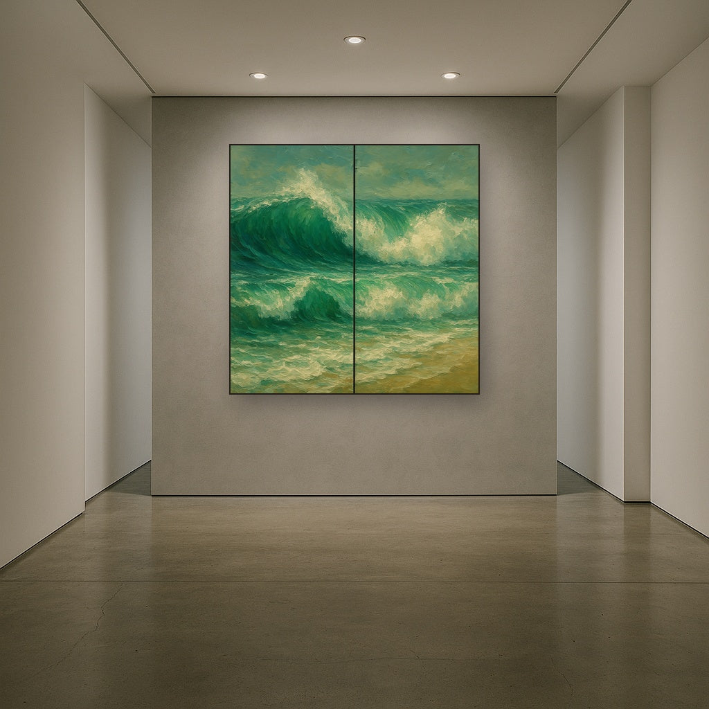 Emerald Swell Split-Panel Seascape No. 3 Oil Painting - Styled in Entryway Hallway