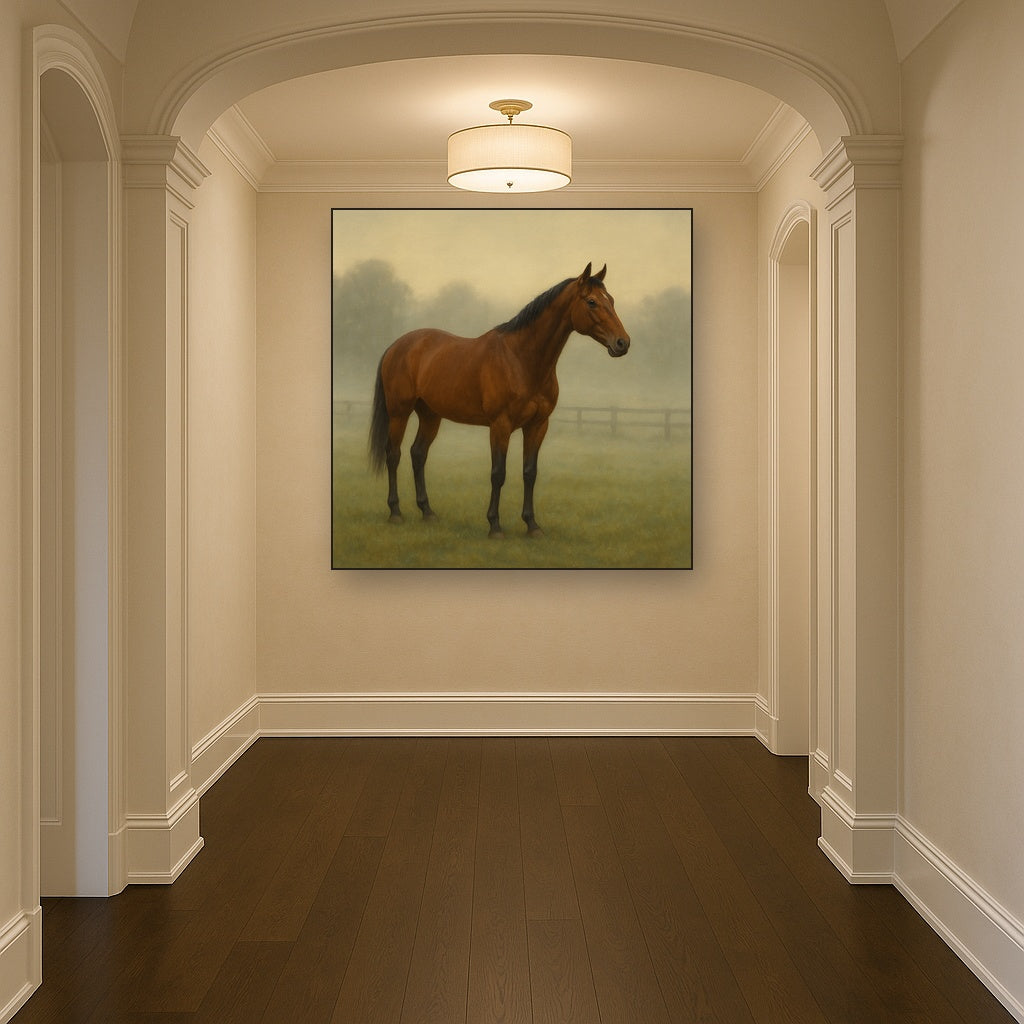 Thoroughbred in Morning Pasture Mist No. 11 Oil Painting - View 5