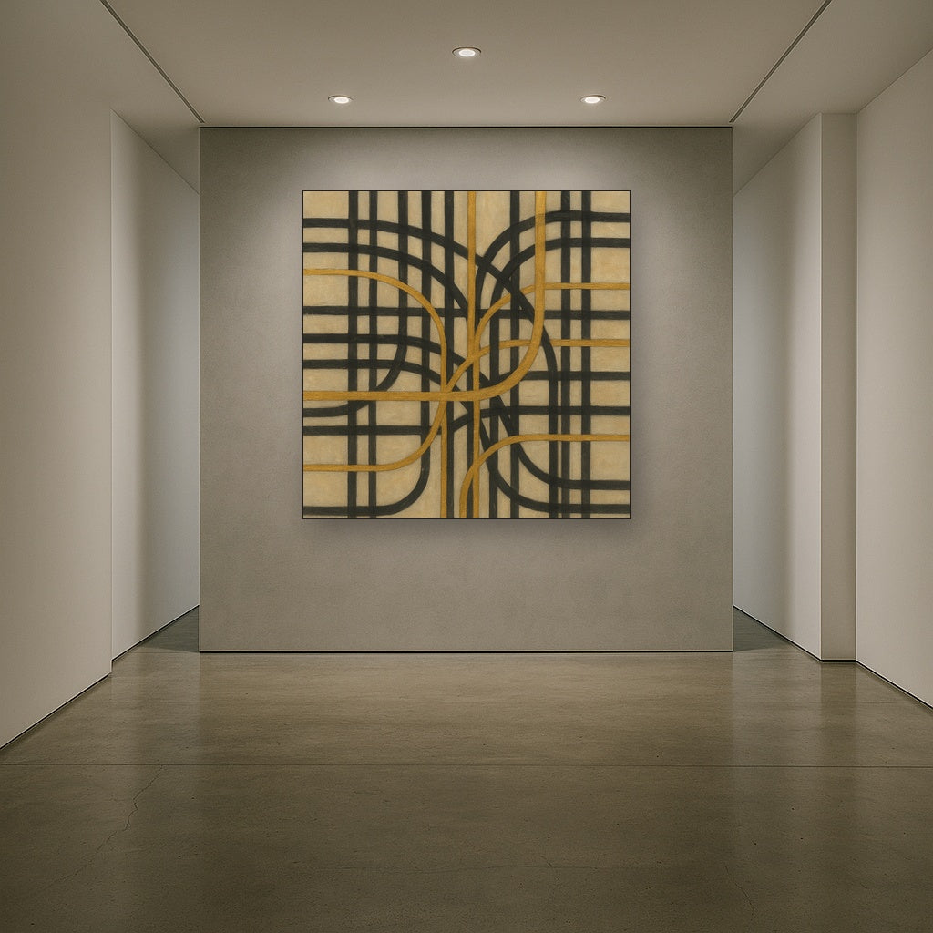 Abstract Woven Line Matrix in Charcoal & Gold No. 11 Fine Art Oil Painting - View 5