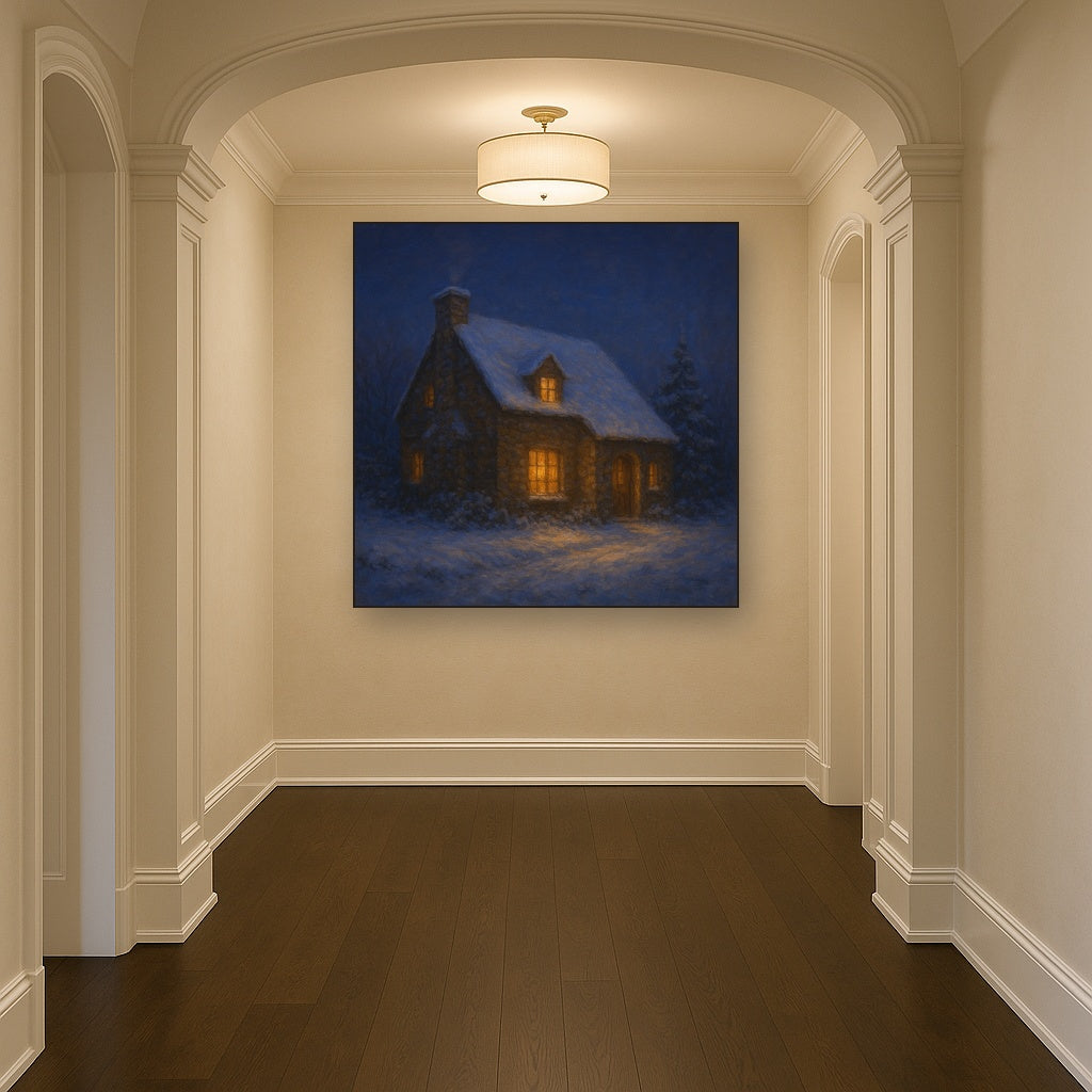 Snow-Dusted Stone Cottage at Twilight Oil Painting - View 5