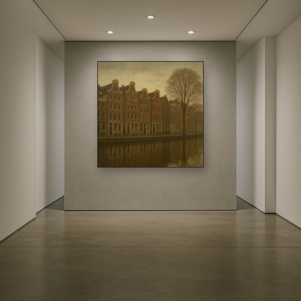 Amsterdam Canal Houses Under Overcast Sky No. 11 Oil Painting Staged in Bright Entryway and Hallway Gallery Wall, Hand Painted Fine Art on Linen