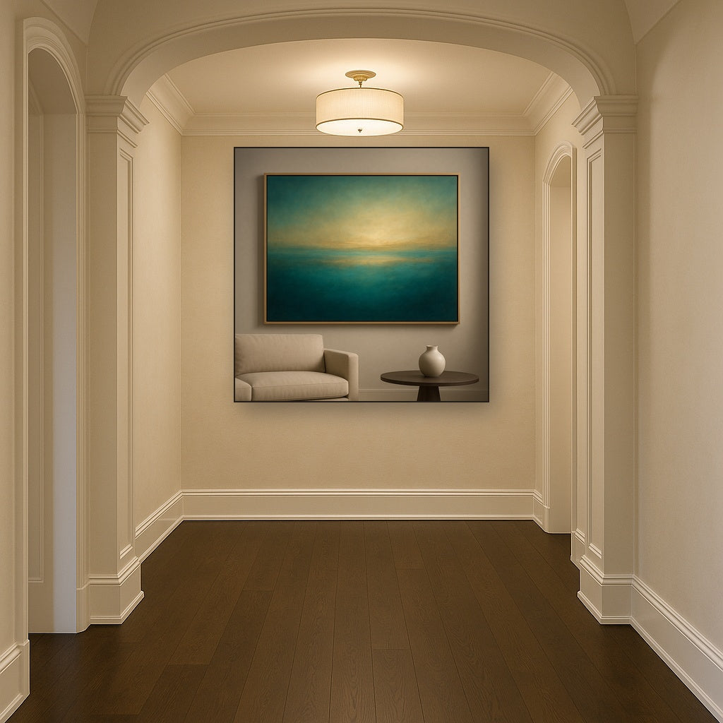 Peacock Teal & Champagne Gold Horizon No. 8 Oil Painting - View 5