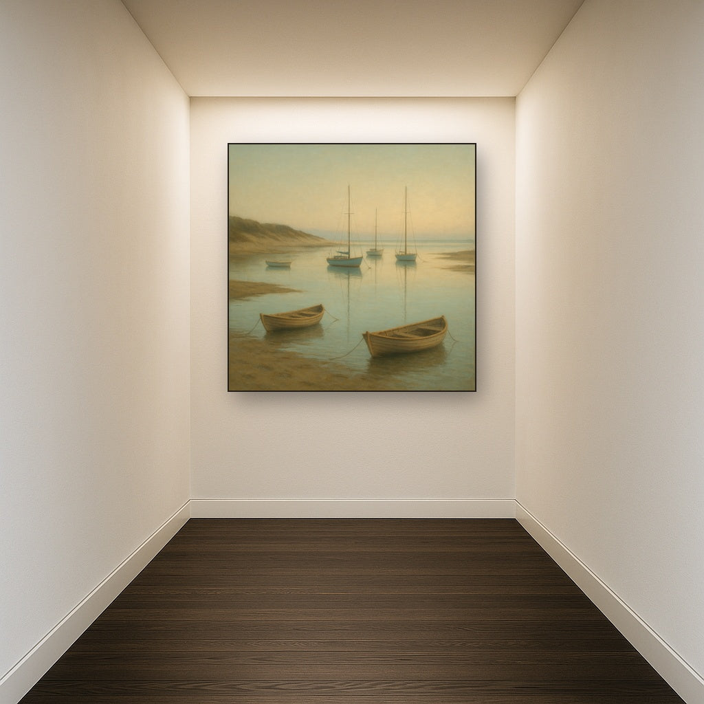 Quiet Fishing Harbor at Morning Low Tide No. 18 Oil Painting Staged in Bright Entryway and Hallway Gallery Wall, Hand Painted Fine Art on Linen