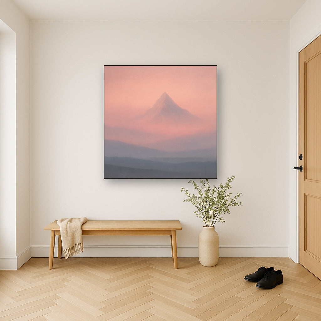 Pale Alpenglow over Distant Glacial Peak No. 25 Oil Painting Staged in Bright Entryway and Hallway Gallery Wall, Hand Painted Fine Art on Linen