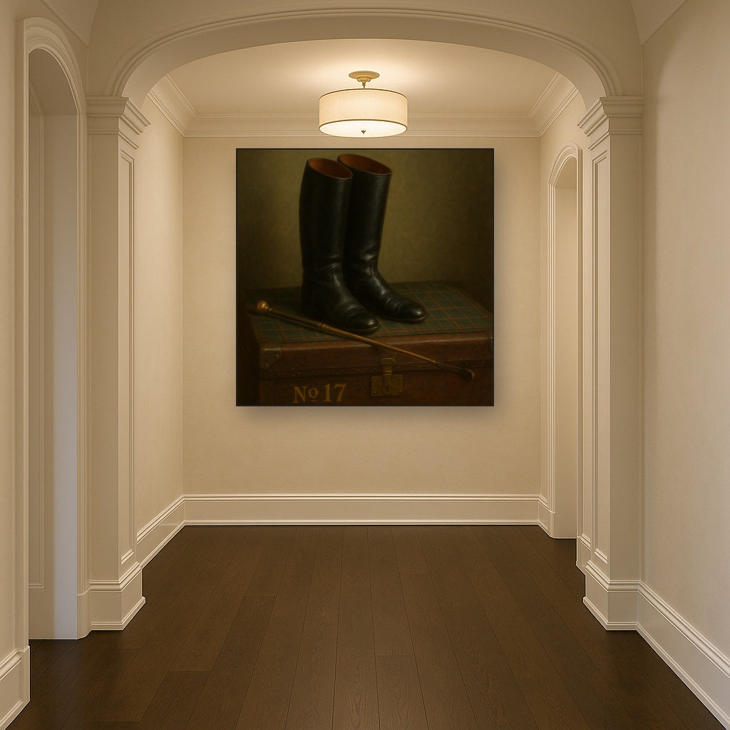 Vintage Riding Boots & Brass Crop on Trunk No. 17 Oil Painting Staged in Bright Entryway and Hallway Gallery Wall, Hand Painted Fine Art on Linen