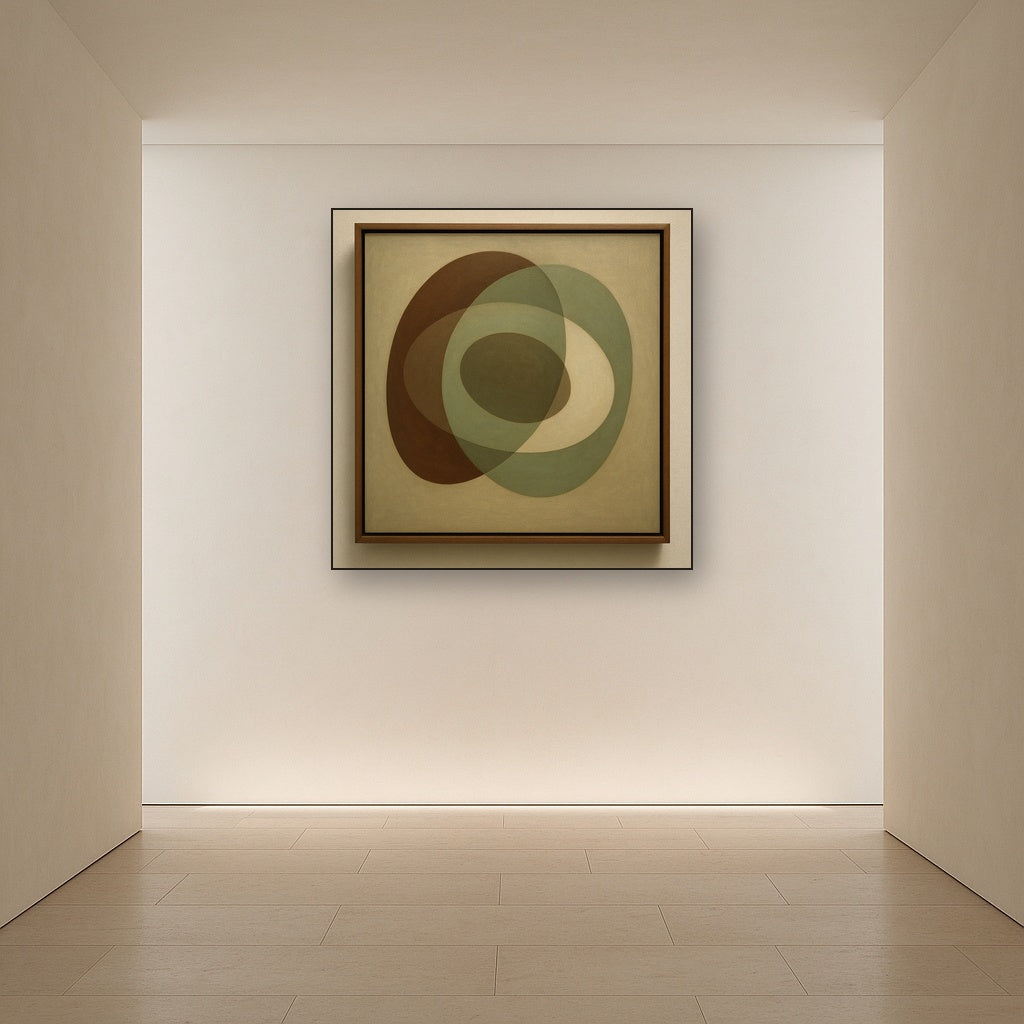 Floating Ellipse Harmony in Walnut & Pale Sage No. 2 Oil Painting Staged in Bright Entryway and Hallway Gallery Wall, Hand Painted Fine Art on Linen