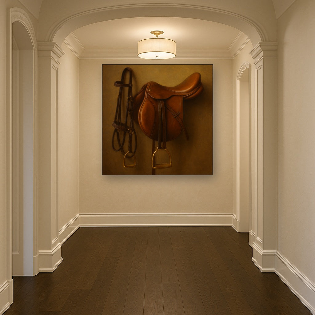 Vintage Bridle & Polished Leather Saddle No. 5 Oil Painting Staged in Bright Entryway and Hallway Gallery Wall, Hand Painted Fine Art on Linen