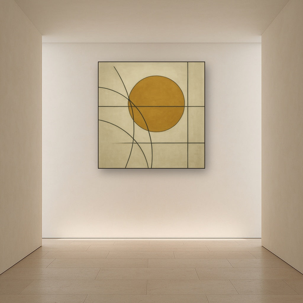 Abstract Tangent Lines & Earthy Ochre Disc No. 14 Oil Painting - View 5